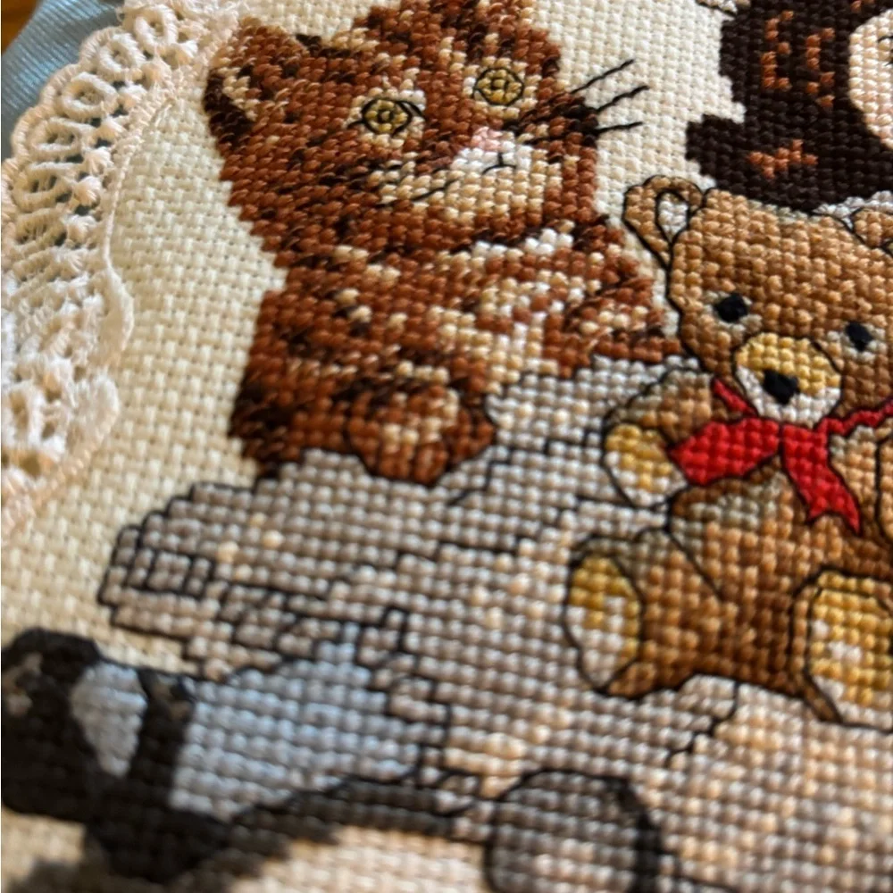 Handmade VTG Victorian Pillow Blue Cross-Stitch Doll Teddy Kitty Lace Trim